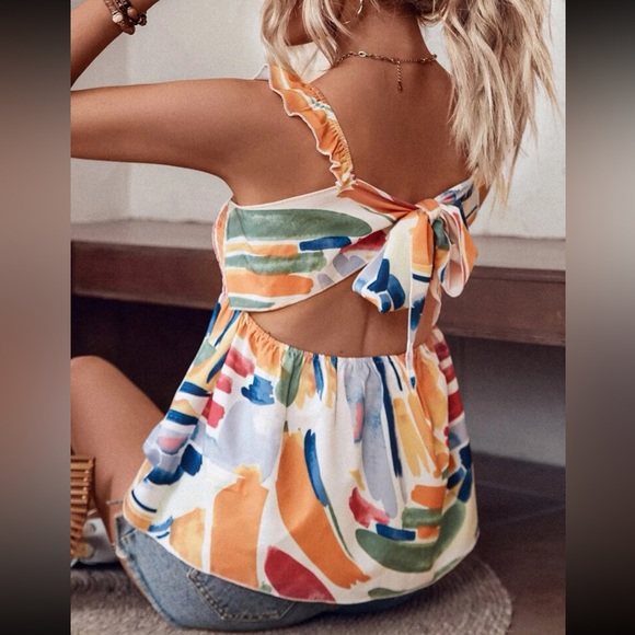 Boho brush print tie back ruffle top